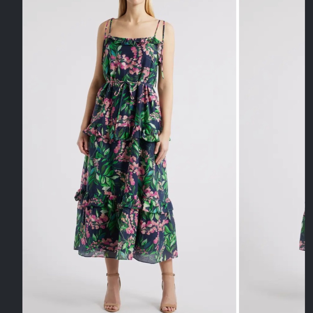 🌷NWOT JULIA JORDAN Tie Strap Navy Pink Floral Tiered Maxi Dress